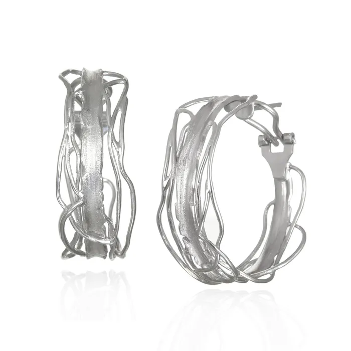 White Rhodium Edge Post Hoops Large Omega Back Earrings Q EVON Earrings