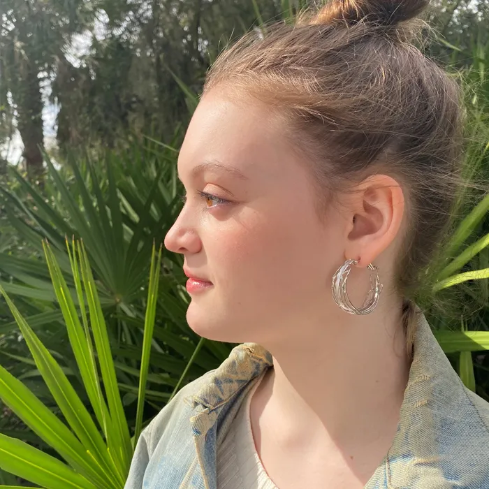White Rhodium Edge Post Hoops Large Omega Back Earrings Q EVON Earrings